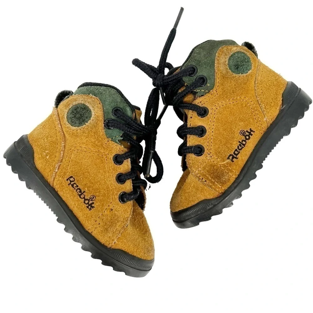 Reebok Vintage Suede Hiking Boot Sneakers Tan Green Chunky Sole Infant Baby Sz 3